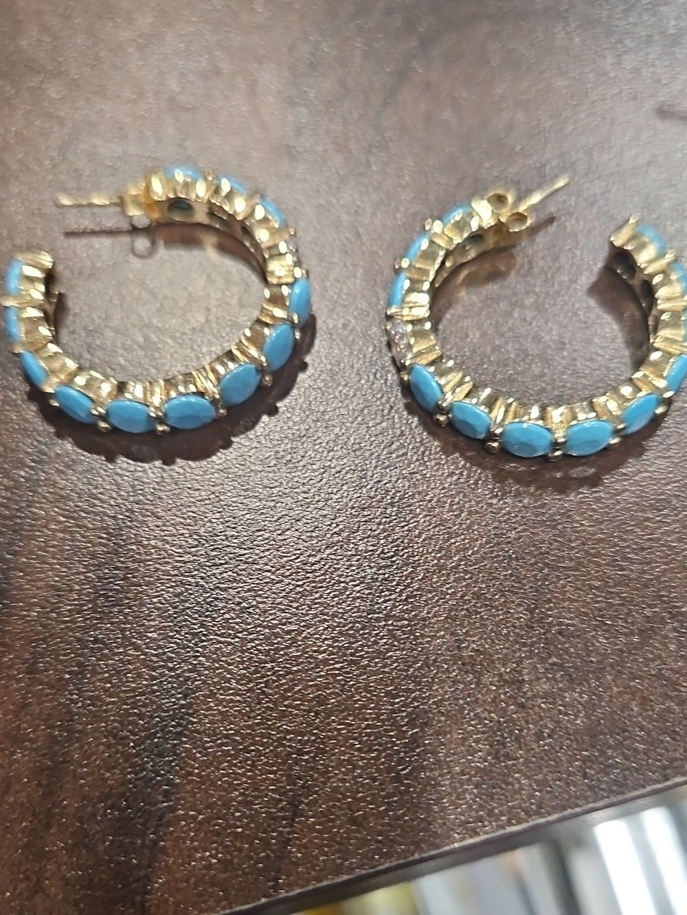 Gold Hoop Earrings with Blue Stone Accents